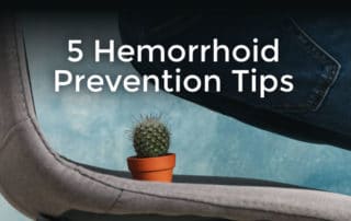 5 hemorrhoid prevention tips with man sitting on a chair with a small cactus